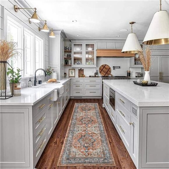 Boho Non Slip Hallway Runner Rug Faux Wool Soft Fuzzy Washable Low-Pile Carpet - Picture 2 of 7